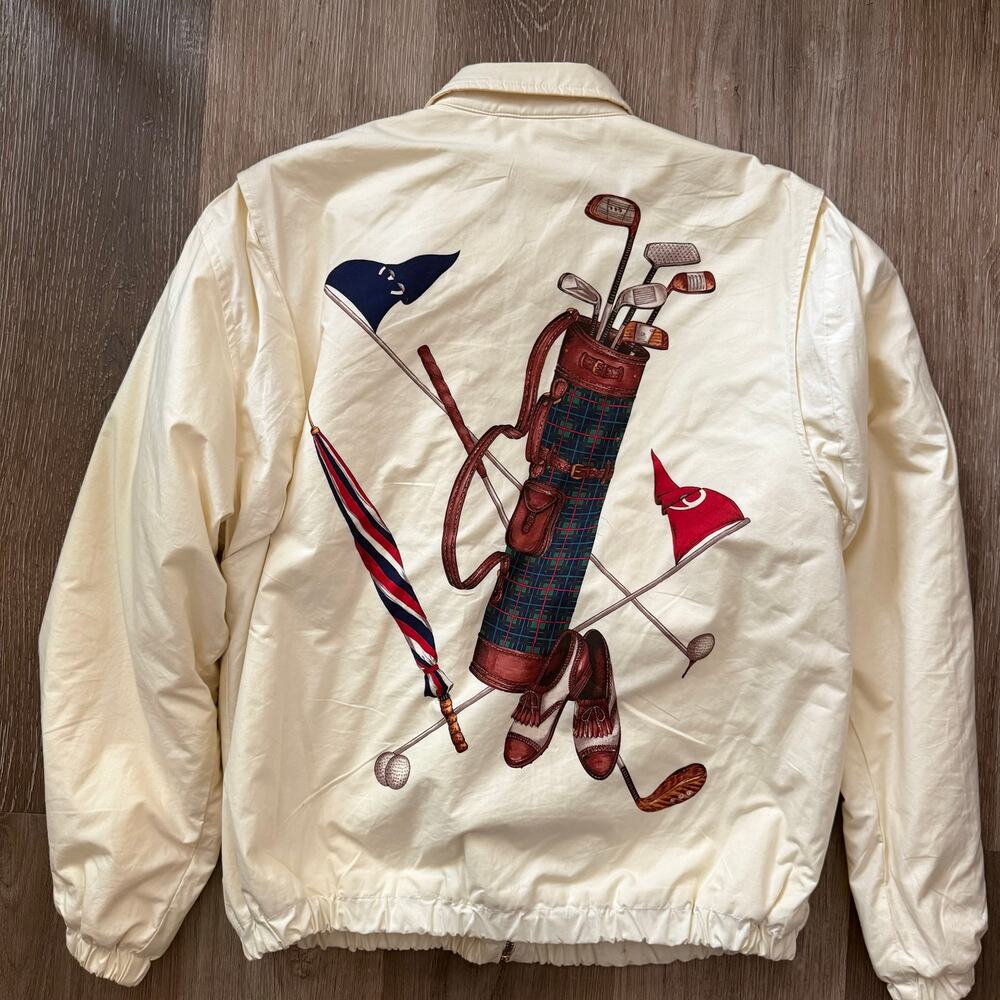 *RARE** Vintage 90s  Ralph Lauren Golf print graphic mens ivory jacket size M